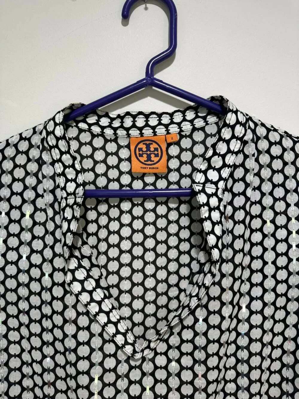 Tory Burch Sequined Black White Cotton Polkadot Bohoh Tunic Shirt